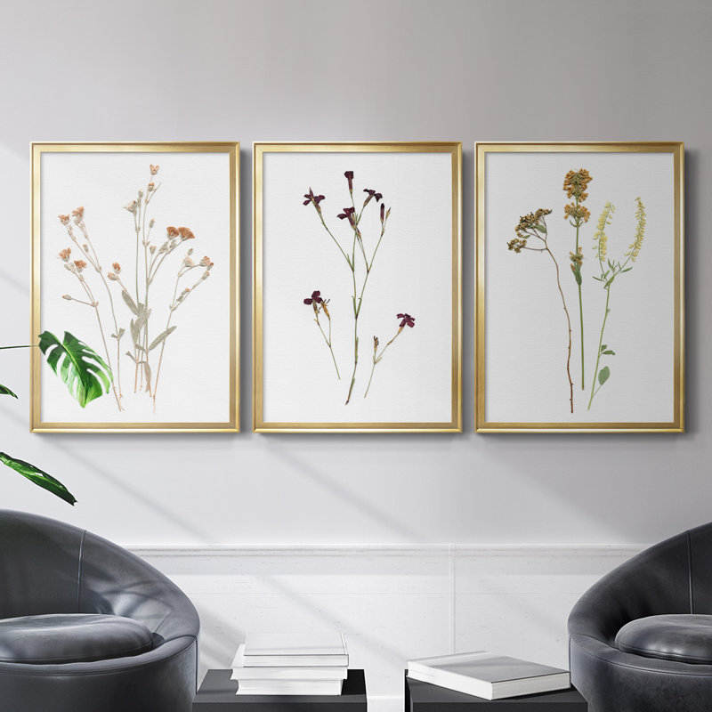 " Pressed Botanical I " 3 - Pieces, Gold, 42.5" H x 91.5" W x 1.25" D
