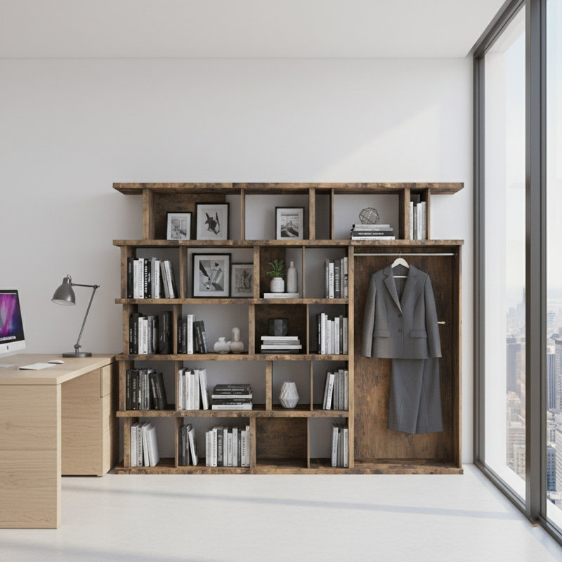 Rustic Bookshelf With Open Wardrobe Section