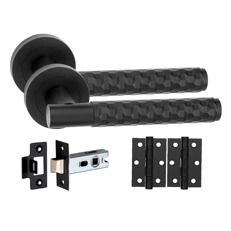 Golden Grace 6 Set Knurled Hex Cut T-Bar Door Handle Set Satin Nickel Finish with Ball Bearing Hinges and Latch