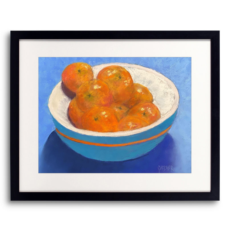 Tangerines dans un bol bleu par Dina Gardner, H 17,25 po x l 21,25 po x P 0,875 po, Papier avec cadre noir