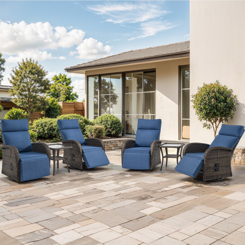 Arcturus Patio Recliner Swivel Chair With Adjustable Backrest & Footrest, All-Weather Outdoor Chaise Lounge Chair Set Of 4 With 2 Side Table