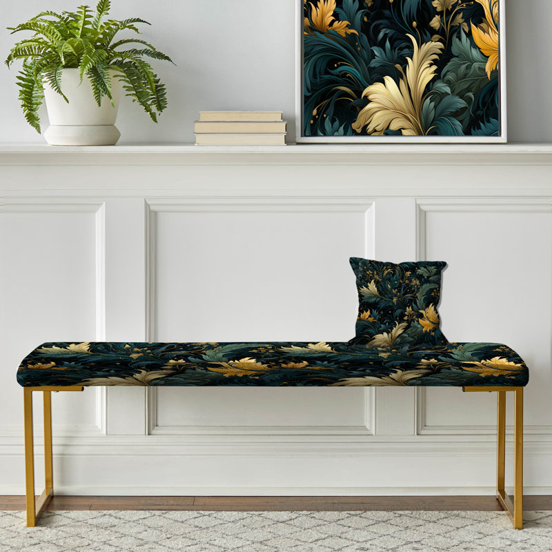 Leaf Green And Yellow Harmony - Floral Upholstered Gold Bench
