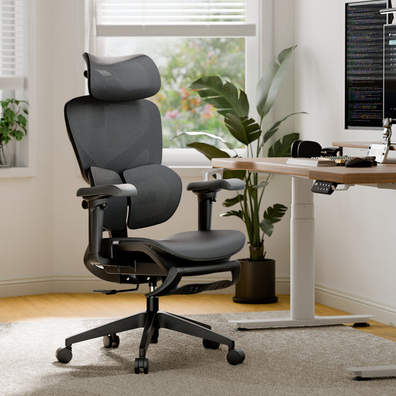 Chaise de bureau ergonomique en filet avec profondeur d'assise réglable, soutien lombaire dynamique et repose-pieds, Noir