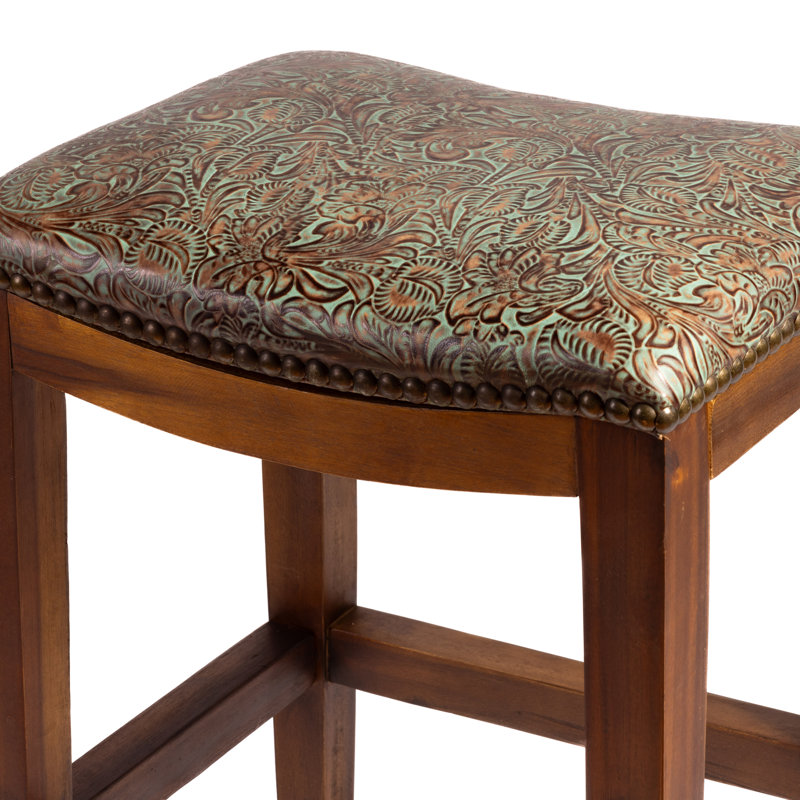 Genson Bar Stool, Counter Stool (26" Seat Height), Saddle Floral Turquoise
