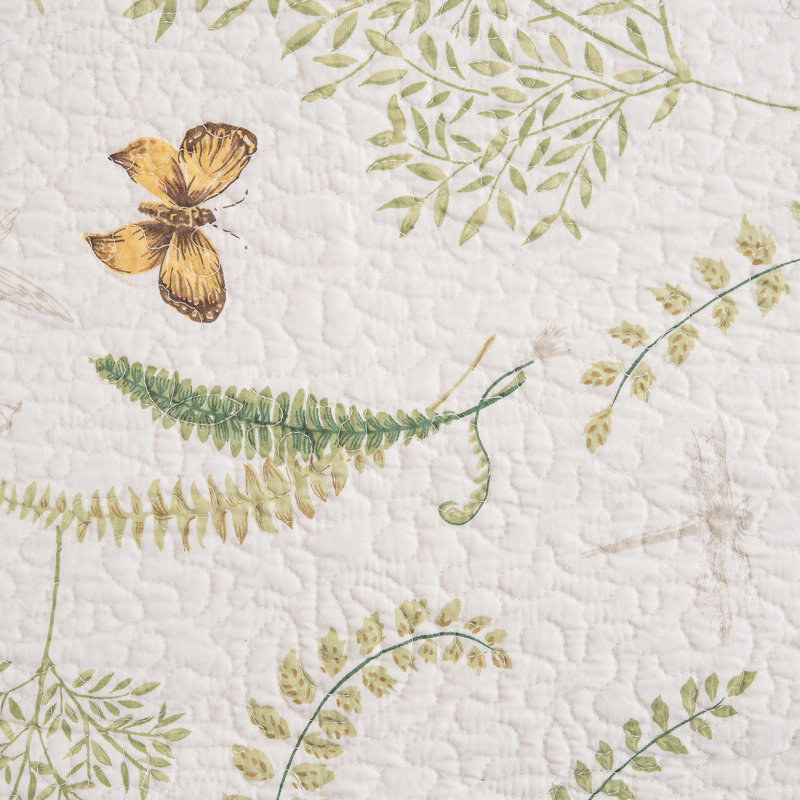 Gray and Green Cotton Reversible Full Quilt with Botanical Print