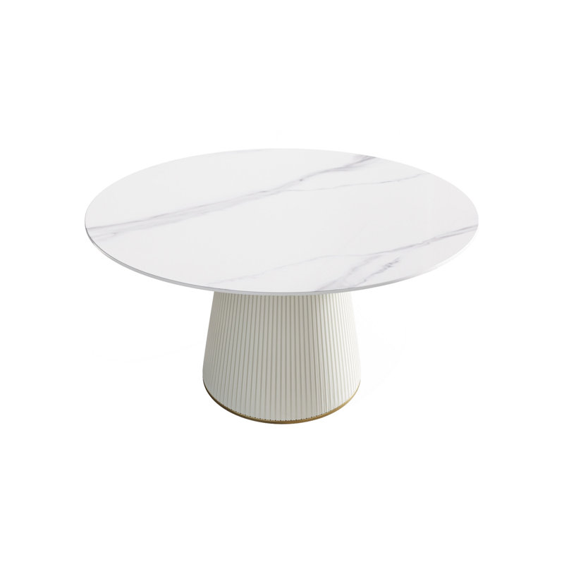 Table de salle à manger 53,15 po en pierre artificielle blanche ronde ronde avec base en contreplaqué beige et polyuréthane pouvant accueillir 6 personnes (sans les chaises)