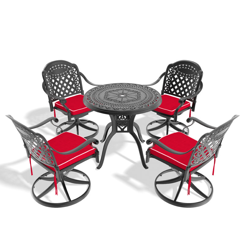 de patio de 3 pièces - table ronde de 31,50 po et 4 chaises pivotantes en fonte d'aluminium, structure noire résistante aux intempéries