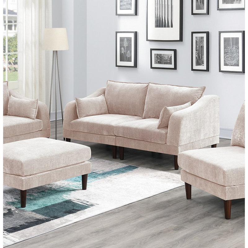 Salon modulaire de 6 pièces, rose poudré, coussins et chaises de style contemporain avec pattes en bois