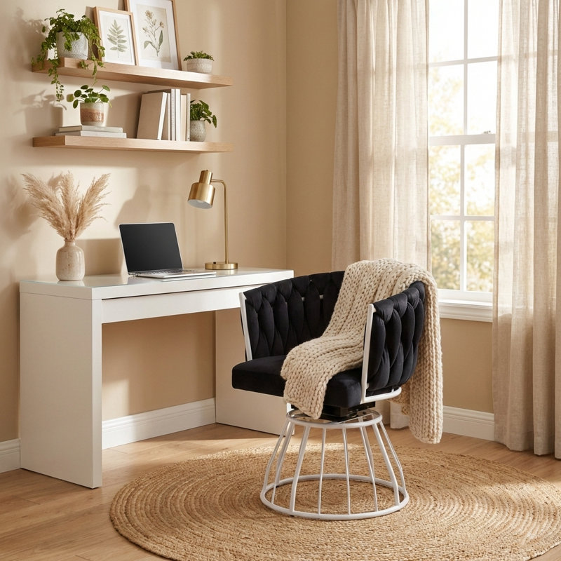 Comfy Swivel Chair Home Office Chair with Hand Woven Back, Black