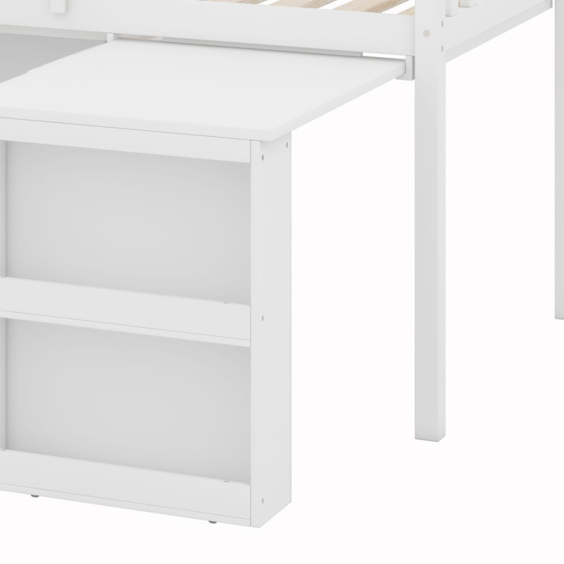 Lit mezzanine avec armoire de rangement, armoire à tiroirs et à tablettes et bureau coulissant, garde-corps et échelle, Blanc