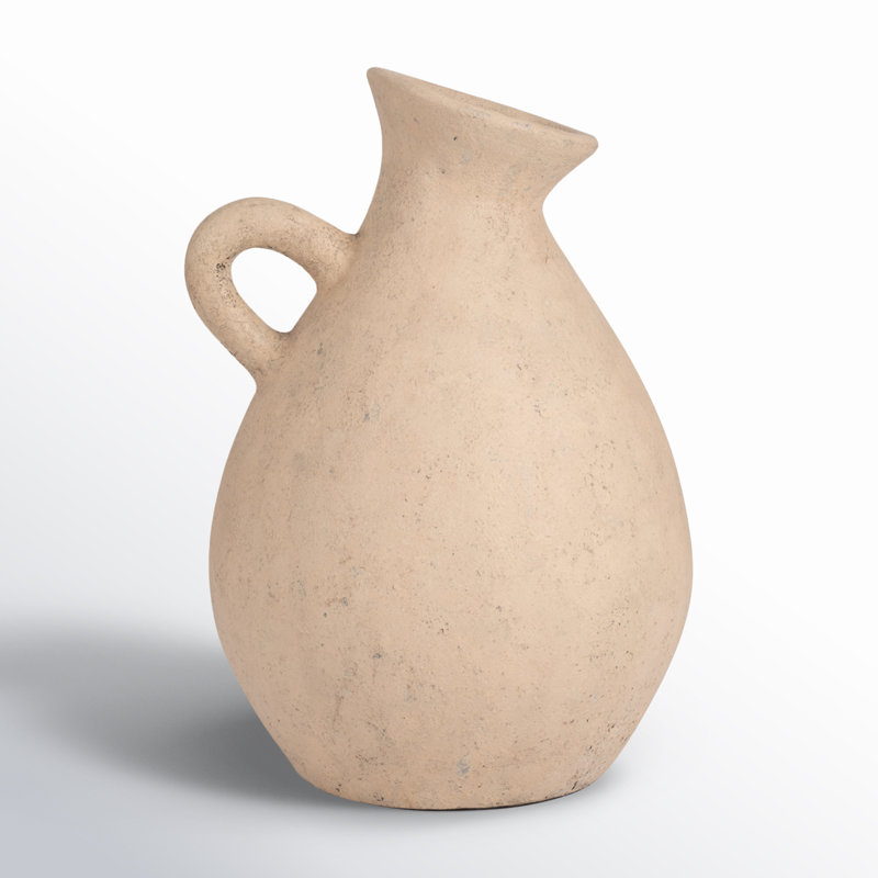 Terracotta, 19" Unique Jug With Handle, Round, Textured Ivory/Beige