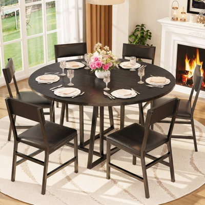 Dining Room Table Set For 6, 7-Piece Kitchen Table Chairs For 6, 47'' Round Dining Room Table Set With 6 Chairs, Space Saving Dining Table With Wood For Kitchen, Living Room, Black