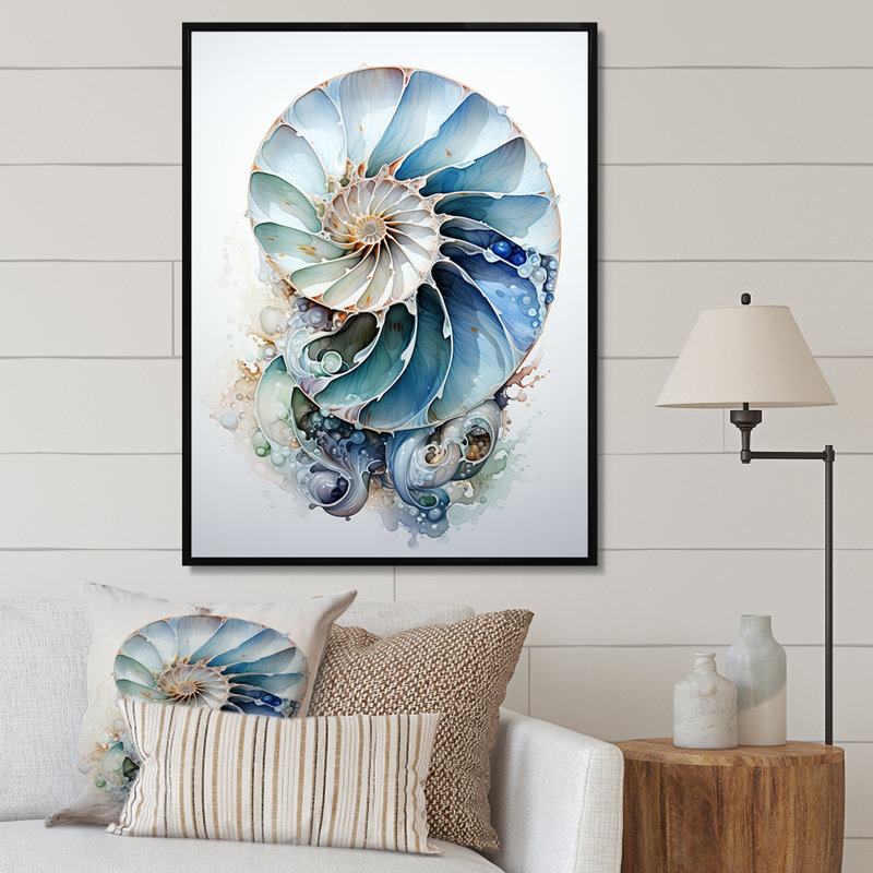 Nautilus Ocean Blue Sheels Symetry - Nautilus, art mural, Reproduction avec cadre flottant, H 20 po x l 12 po, Noir