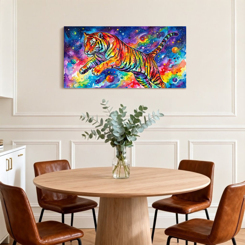 Animaux, tigre coloré, impression de fond cosmique, H 28 po x l 58 po
