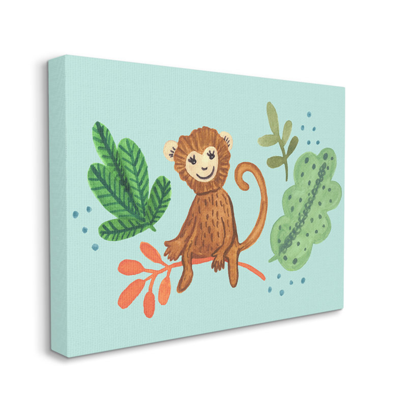 Mignon singe assis sur des feuilles de plantes par Heather Strianese - Peinture, Toile tendue, H 16 po x l 20 po