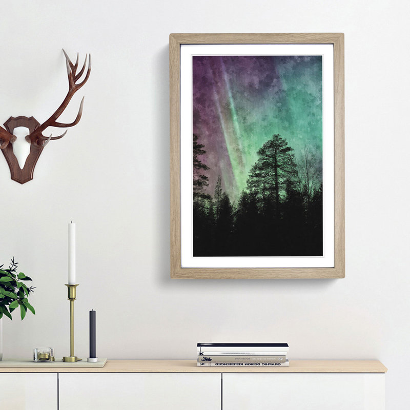 Northern Lights over the Forest - Picture Frame Graphic Art Print, 87cm H x 62cm W x 2cm D, Oak Framed