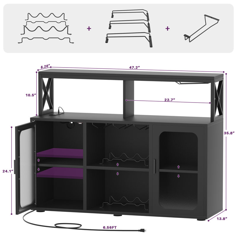 Asrf 47'' Wine Bar,Storage Buffet Cabinet Coffee Bar Cabinet For Liquor,Wine Cabinet With Racks with LEDs, Black