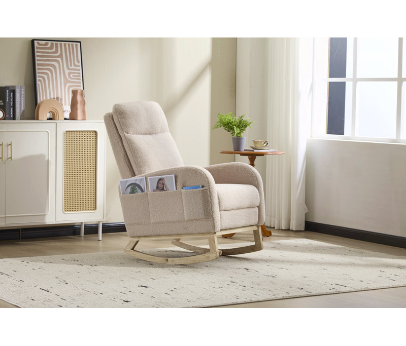 Fauteuil à bascule pour chambre d'enfant avec repose-pieds et poche latérale, dossier haut rembourré motif ours en peluche, beige