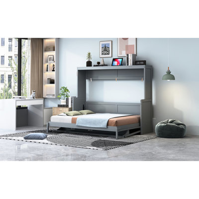 Lit double, couleur grise, bureau pliable par système hydraulique, adapté aux petits appartements, capacité de 600 lb