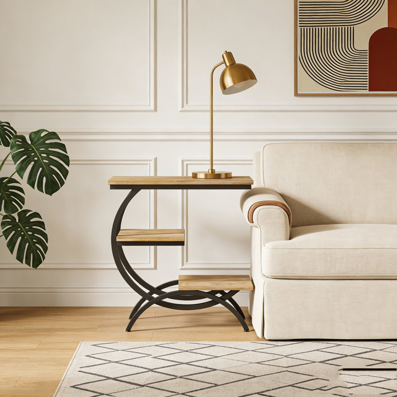 Table d'appoint industrielle à 3 niveaux en forme de C pour les petits espaces, Marron clair