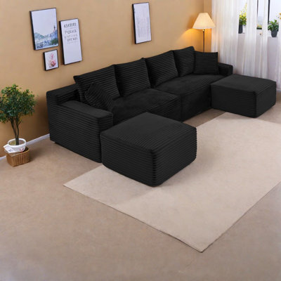 Modern Black U-shaped Sectionals, Plush Corduroy, Living Room Comfort