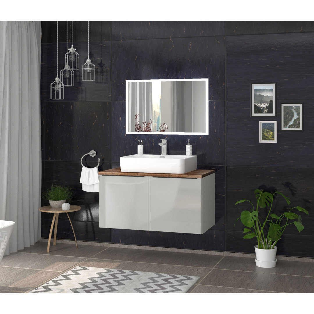 Odin washbasin with base cabinet, 96cm, alpine white / rustic oak / oak, metal handles