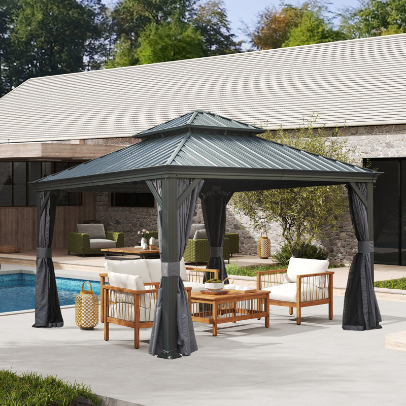 12 Ft. W x 12 Ft. D Galvanized Steel Patio Gazebo with Double Roof, Gray