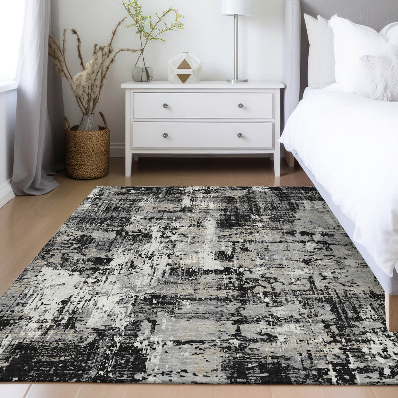 Black and Gray Abstract Synthetic 3' x 5' Area Rug