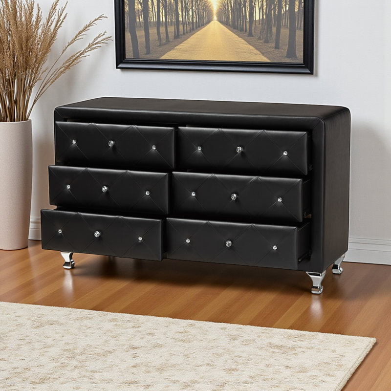 Keldon 6-Drawer Upholstered Black Dresser with Steel Legs, 31.25" H X 52.50" W X 17.96" D, Black