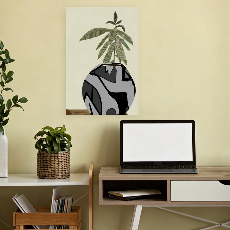 Plante en pot, vase moderne, affiche murale abstraite et contemporaine géométrique représentant une fleur et une plante en pot.