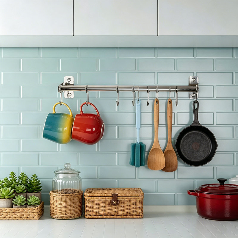 Support à casseroles mural double barre chromé avec 8 crochets pour casseroles et ustensiles de cuisine