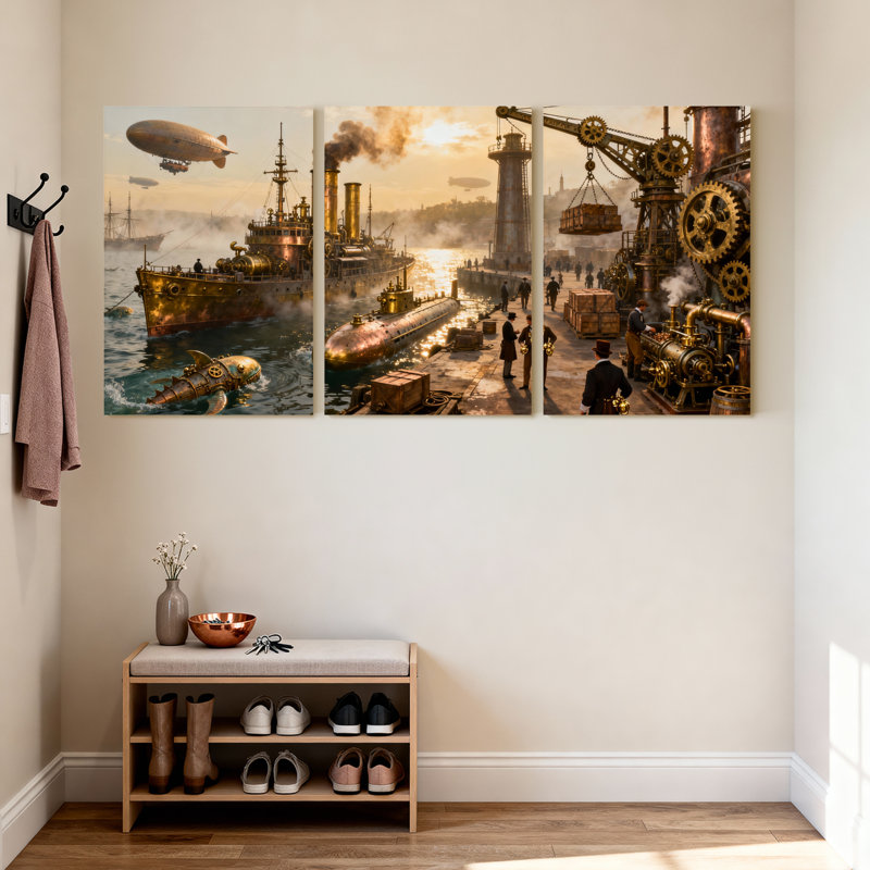 Fantasy & Sci-Fi Steampunk Harbor avec dirigeables et bateaux à vapeur, ensemble de 3 impressions sur toile