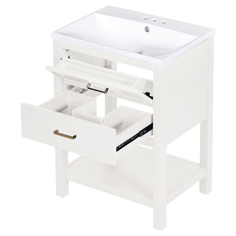Armoire de rangement de salle de bain moderne 24 po avec lavabo 24 tiroirs blanc et or pour plus de commodité