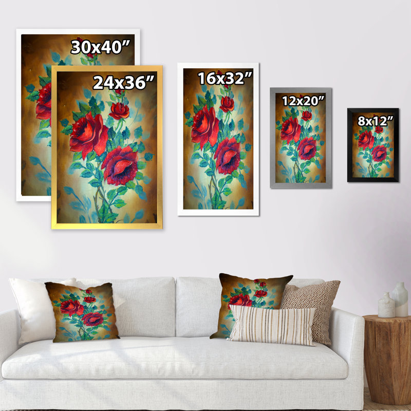 Trois roses rouges sauvages - art mural traditionnel sur toile, H 36 po x l 24 po x P 1 po, Cadre photo doré