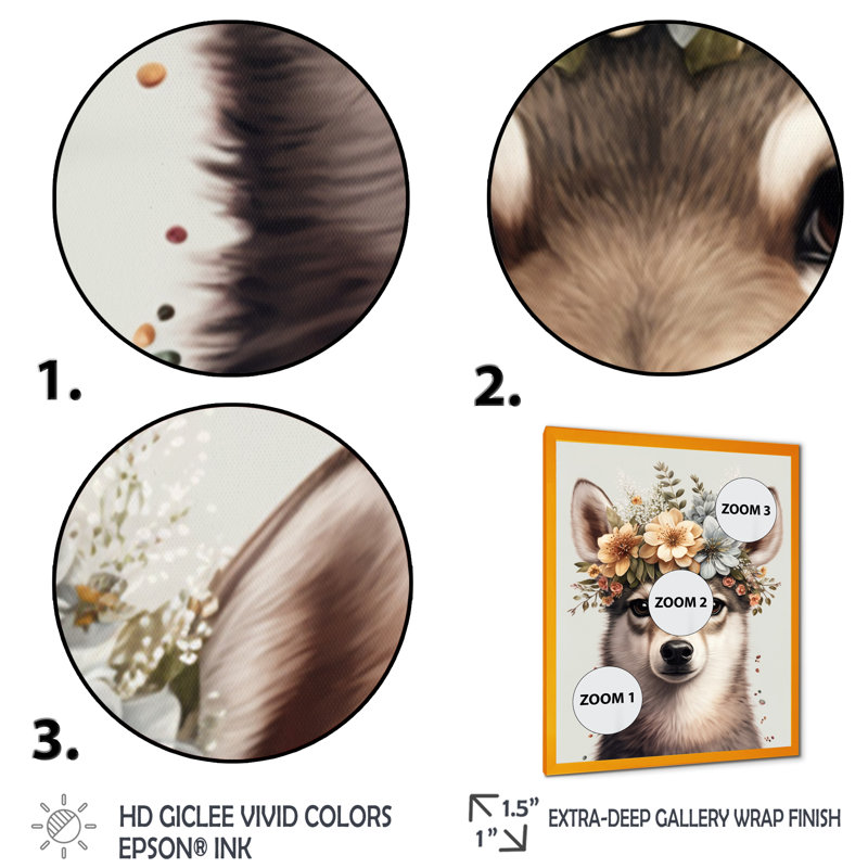 Mignon bébé Huskie avec couronne florale - art mural moderne sur toile, L 16 po x H 32 po, Encadrement doré