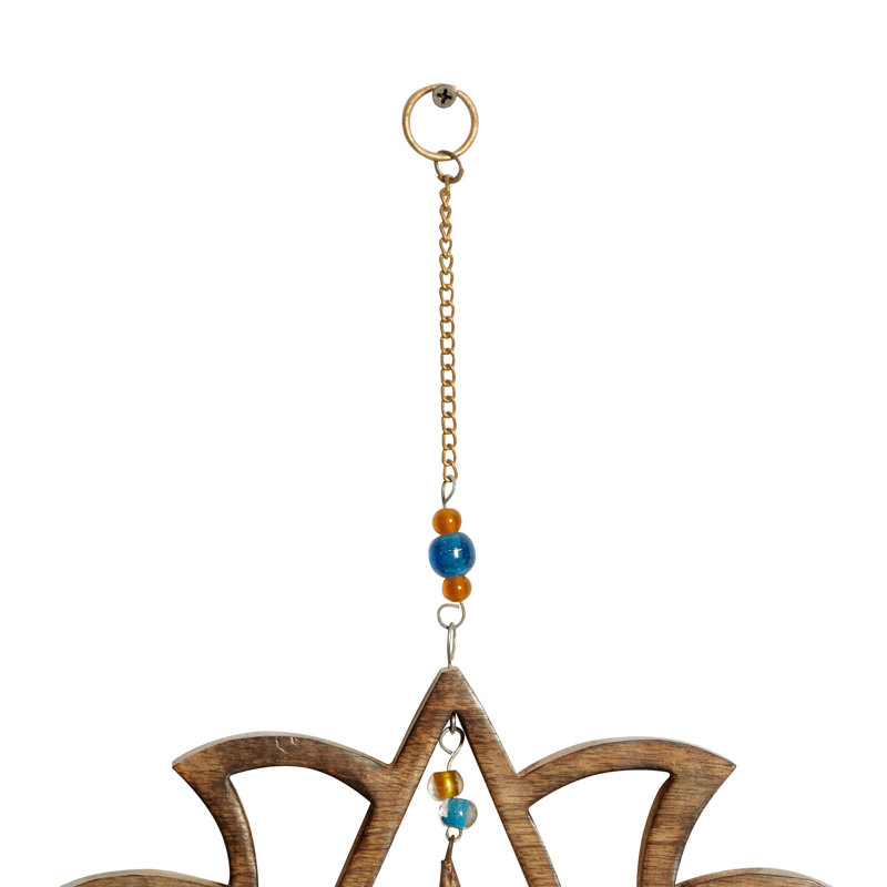 Mango Wood Lotus Floral Gold Indoor Outdoor Windchime with Glass Beads and Cone Bells