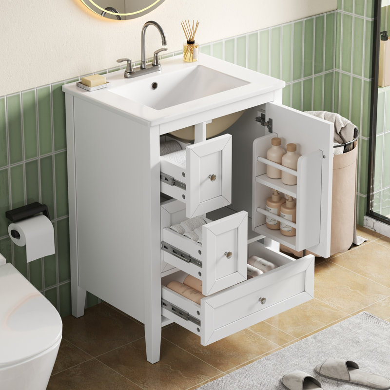 Meuble-lavabo moderne avec lavabo en céramique, tiroirs à fermeture en douceur et support de rangement pour espaces compacts