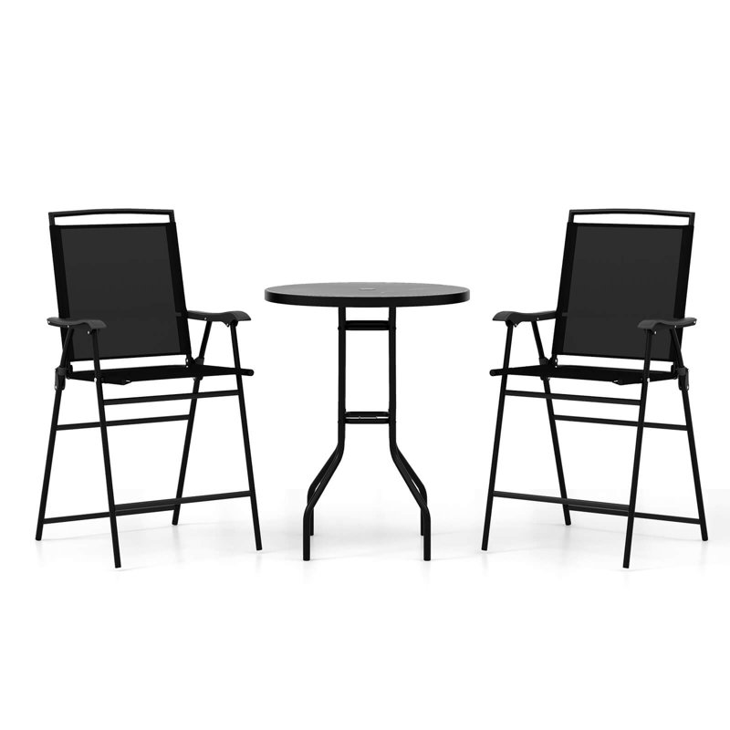 Latitude Run® 3 Pcs Outdoor Bar Stool Set With Dpc Tabletop Umbrella Hole & Footrest 2 Chairs