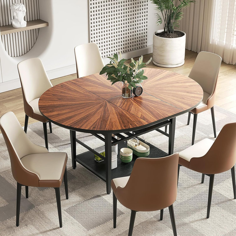 Extendable 47"–63" Round Dining Table Set with Storage Shelf, Walnut Solid Wood Top & Metal Base, Includes 6 Upholstered Chairs
