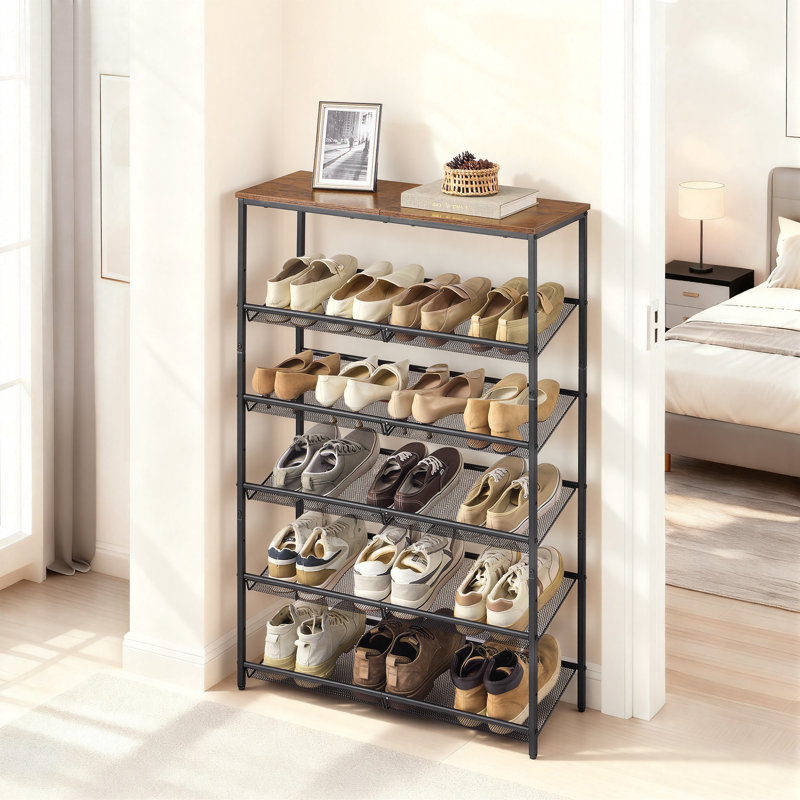 6 Tier 24 Pais Shoe Rack 29.8"W Organizer with Storage Shelves, 45.3" H x 29.8" W x 11.4" D, Brown/Black