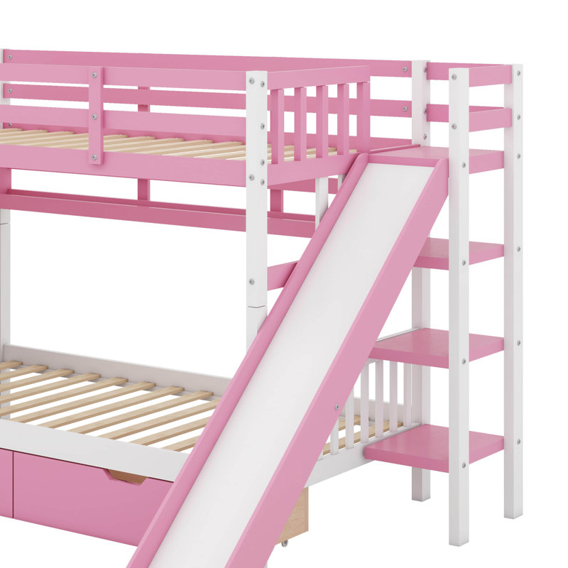 Twin Over Twin Castle Style Bunk Bed With Drawers，Shelves, Pink