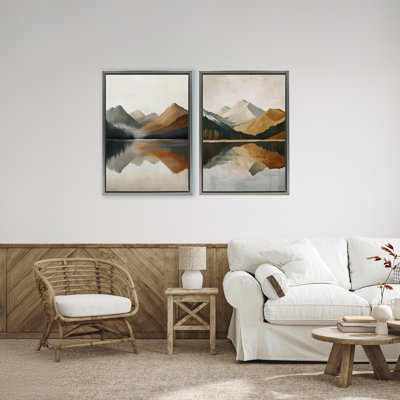 Ensemble de cadres flottants 2 pièces Terracotta Reflections Mountains and Lake, design par Petal Prints Design