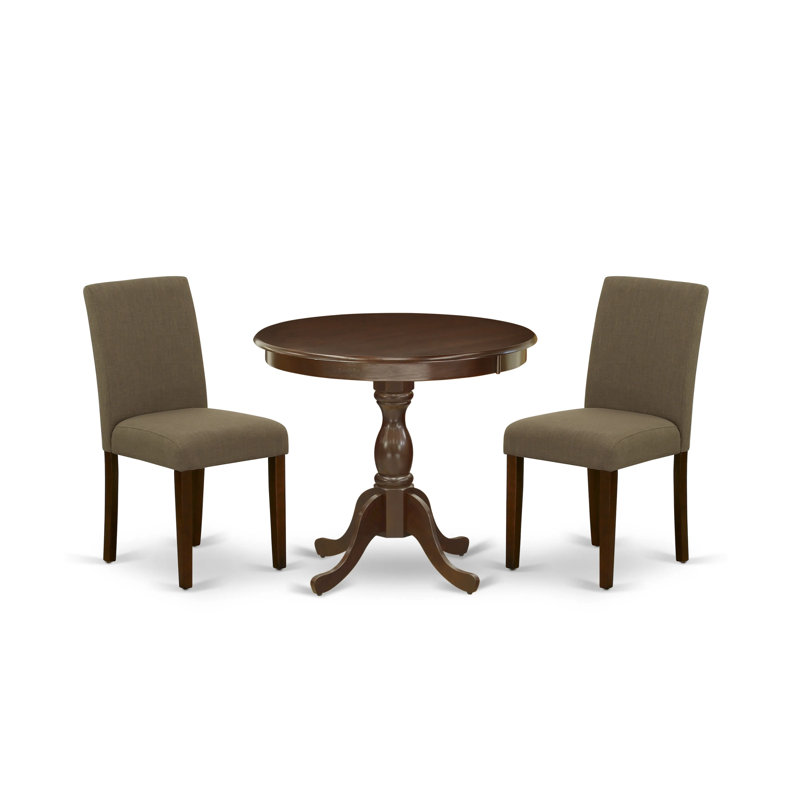 3 Piece Kitchen Table Set for Small Spaces Contains a Round Dining Table with Pedestal and 2 Coffee Linen Fabric Upholstered Chairs, Mahogany
