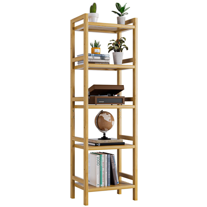 Natural Bamboo 5-Tier Adjustable Tall Bookshelf With Open Shelves For Small Spaces