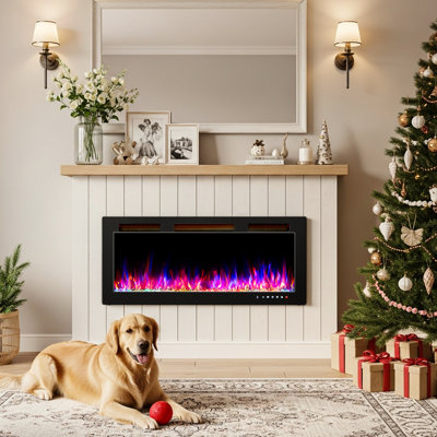 42 In. Wall Mounted Electric Fireplace With 12 Flame Colors And Wifi Function In Black