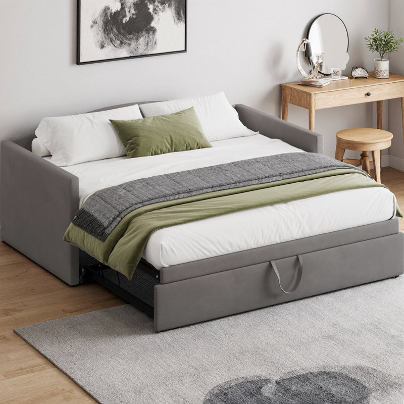 Twin Size Velvet Daybed with Pop Up Trundle, Upholstered Sofa Bed Converts to King Size, Space-Saving Design for Guest Room & Small Spaces, No Box Spring Needed 660 lbs Capacity