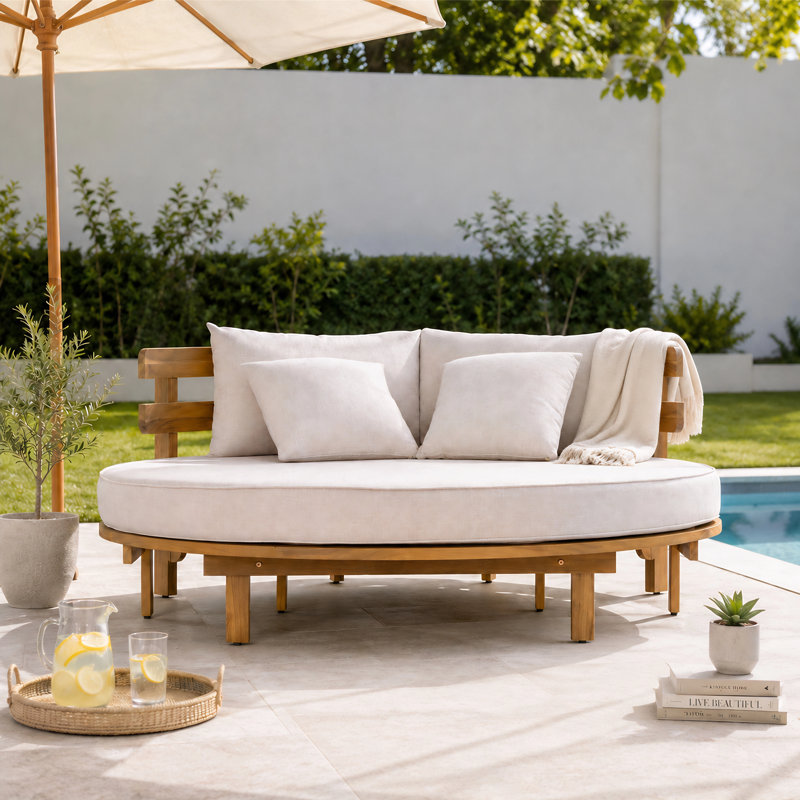 Lit de jour d'extérieur rond en bois d'acacia avec dossier incurvé à lattes, coussin pliable et 4 coussins