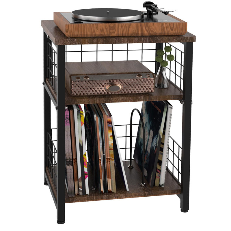 Record Player Stand, 3 Tier End Table With Double Layer Iron Wire Mesh Turntable Stand Vinyl Record Table Storage Up To 100 Albums, Black