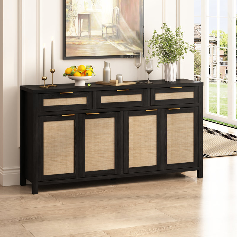 Ciauna 63'' W Rattan Sideboard Cabinet with 3 Storage Drawers Adjustable Shelf, Black