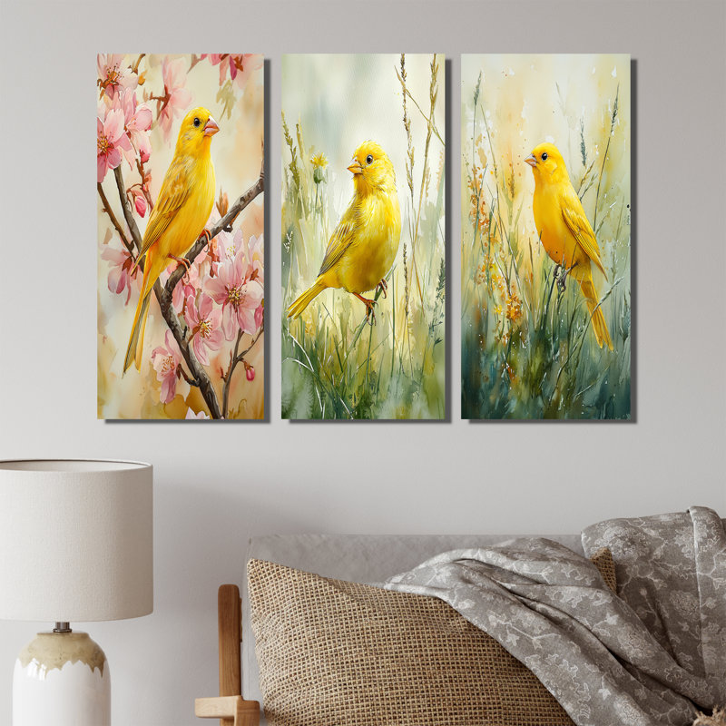 Oiseau canari dans les fleurs I - Collection moderne de reproductions sur toile, H 28 po x l 36 po, Toile tendue